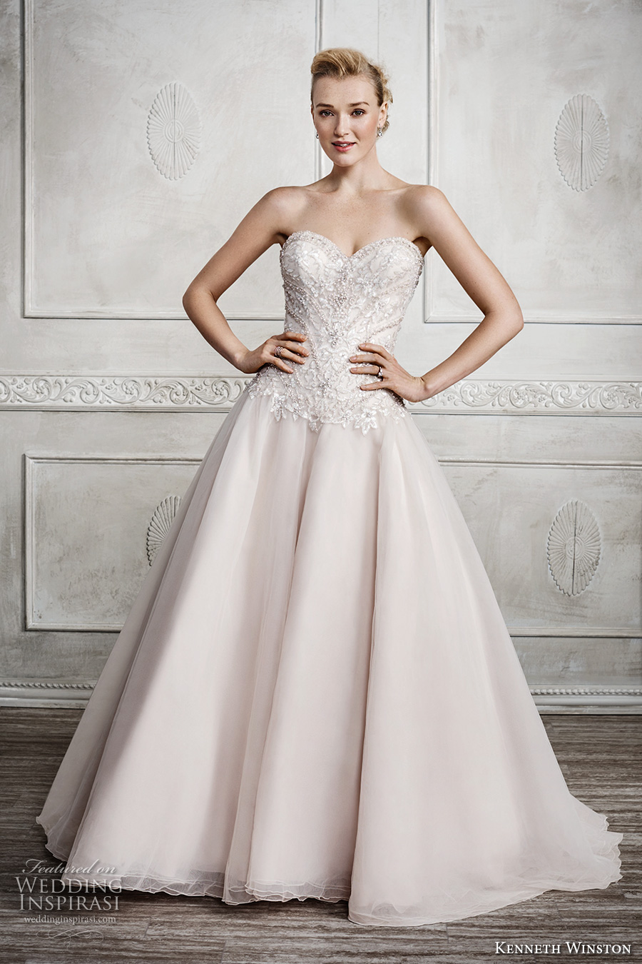 kenneth winston fall 2016 bridal strapless sweetheart neckline heavily embellished bodice champagne color princess a  line wedding dress chapel train (1671) mv