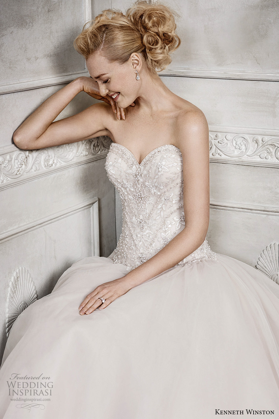 kenneth winston fall 2016 bridal strapless sweetheart neckline heavily embellished bodice champagne color princess a  line wedding dress chapel train (1671) zv