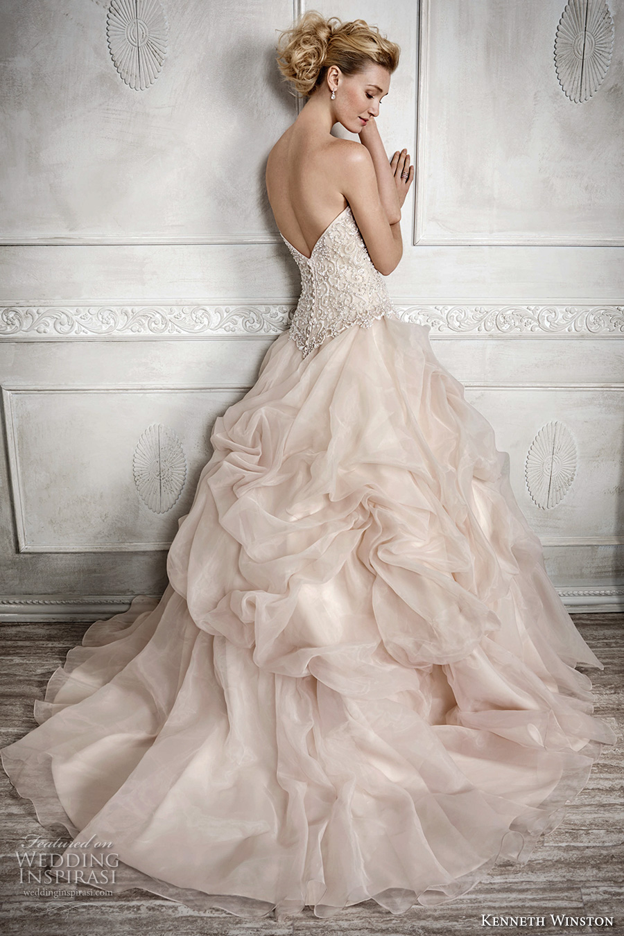 kenneth winston fall 2016 bridal strapless sweetheart neckline heavily embellished bodice gathered ball gown princess blush color a  line wedding dress chapel train (1680) bv