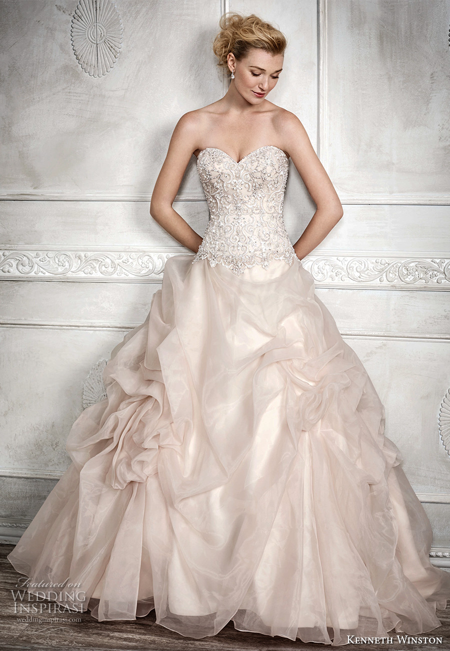 kenneth winston fall 2016 bridal strapless sweetheart neckline heavily embellished bodice gathered ball gown princess blush color a  line wedding dress chapel train (1680) mv