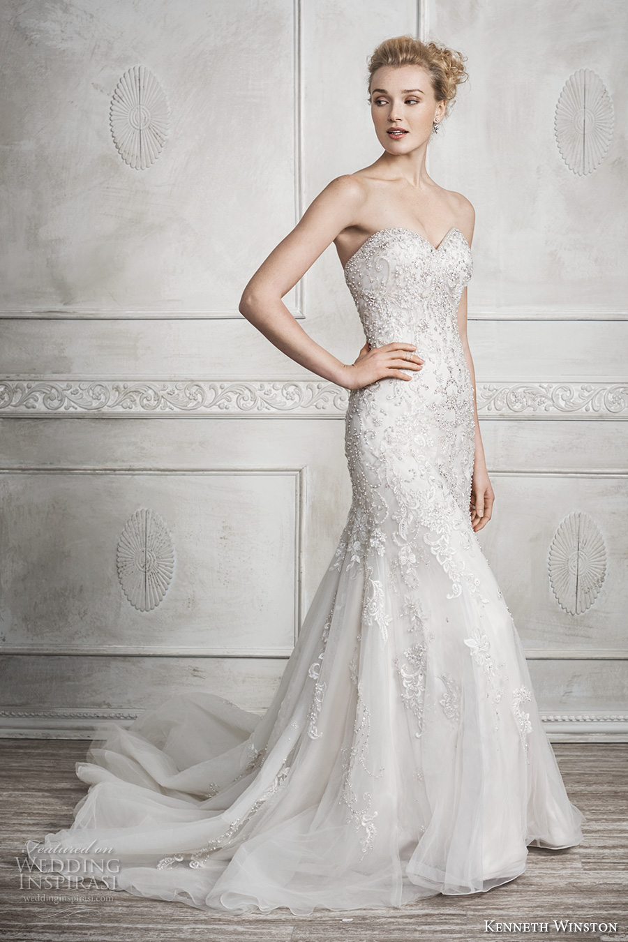 kenneth winston fall 2016 bridal strapless sweetheart neckline heavily embellished bodice glamorous elegant fit and flare wedding dress chapel train (1690) mv