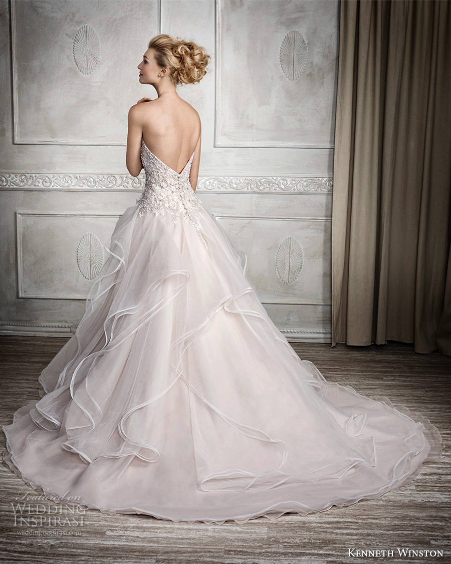 kenneth winston fall 2016 bridal strapless sweetheart neckline heavily embellished bodice tiered skirt horsehair princess blush color a  line wedding dress chapel train (1688) bv