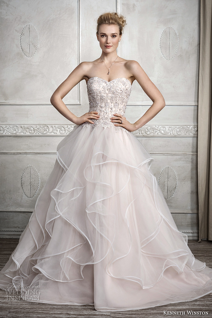 kenneth winston fall 2016 bridal strapless sweetheart neckline heavily embellished bodice tiered skirt horsehair princess blush color a  line wedding dress chapel train (1688) mv