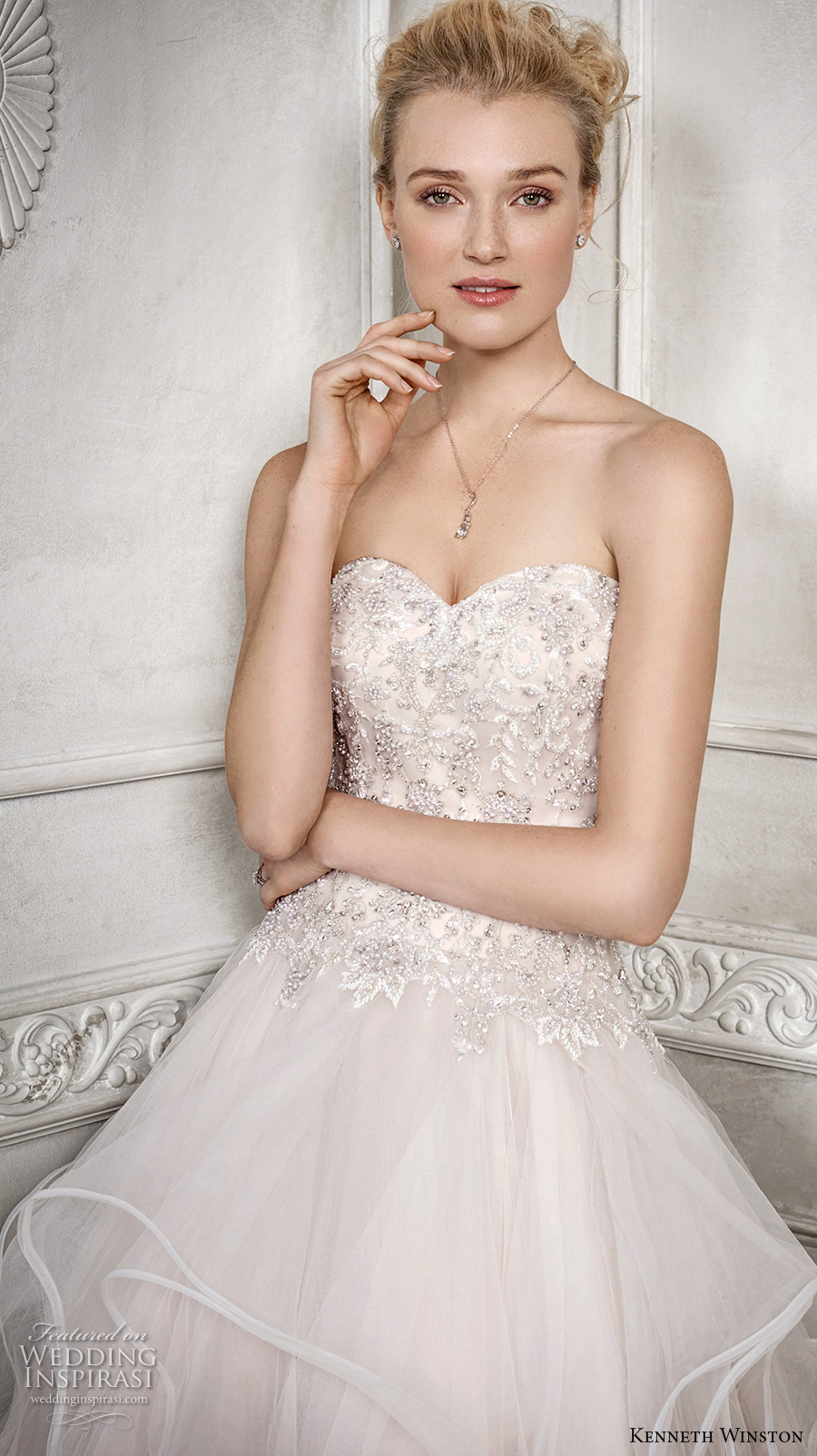 kenneth winston fall 2016 bridal strapless sweetheart neckline heavily embellished bodice tiered skirt horsehair princess blush color a  line wedding dress chapel train (1688) zv