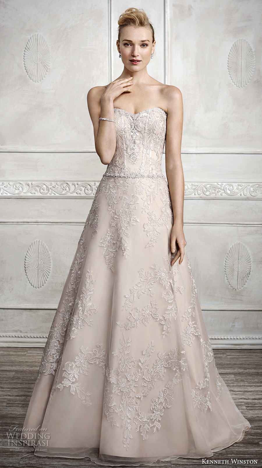 kenneth winston fall 2016 bridal strapless sweethheart neckline full embellishment beautiful champagne color elegant a  line wedding dress chapel train (1672) mv