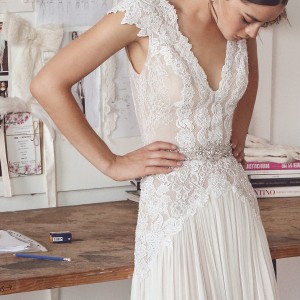 lihi hod 2017 bridal cap sleeves v neck heavily embellished bodice pleated skirt elegant modified a  line wedding dress low back sweep train (aline) zv