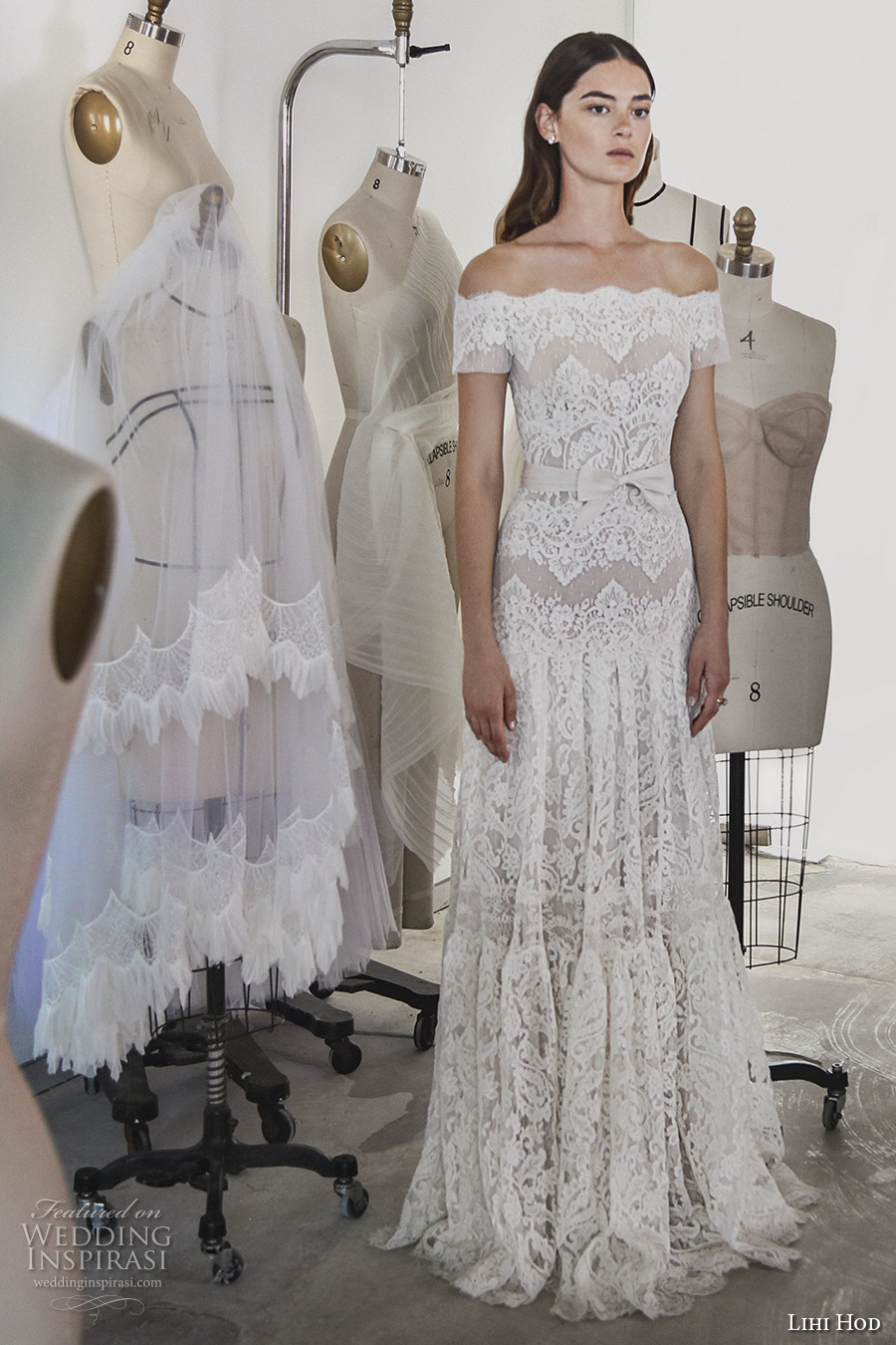 lihi hod 2017 bridal off the shoulder straight across heavily embellished bodice elegant bohemian lace modified a  line wedding dress (ella) mv