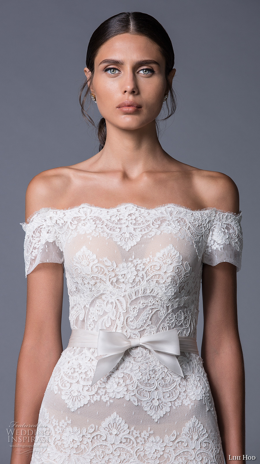 lihi hod 2017 bridal off the shoulder straight across heavily embellished bodice elegant bohemian lace modified a  line wedding dress (ella) zv