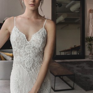 lihi hod 2017 bridal spagetti strap heavily v neck embellished bodice elegant sheath wedding dress sweep train (amber) zv mv