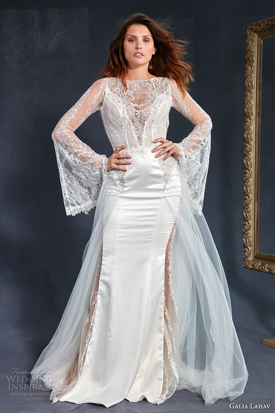 long bell sleeves illusion bateau v neck neckline heavily embellished bodice satin skirt elegant sheath wedding dress a  line overskirt keyhole back medium train (penelope) mv