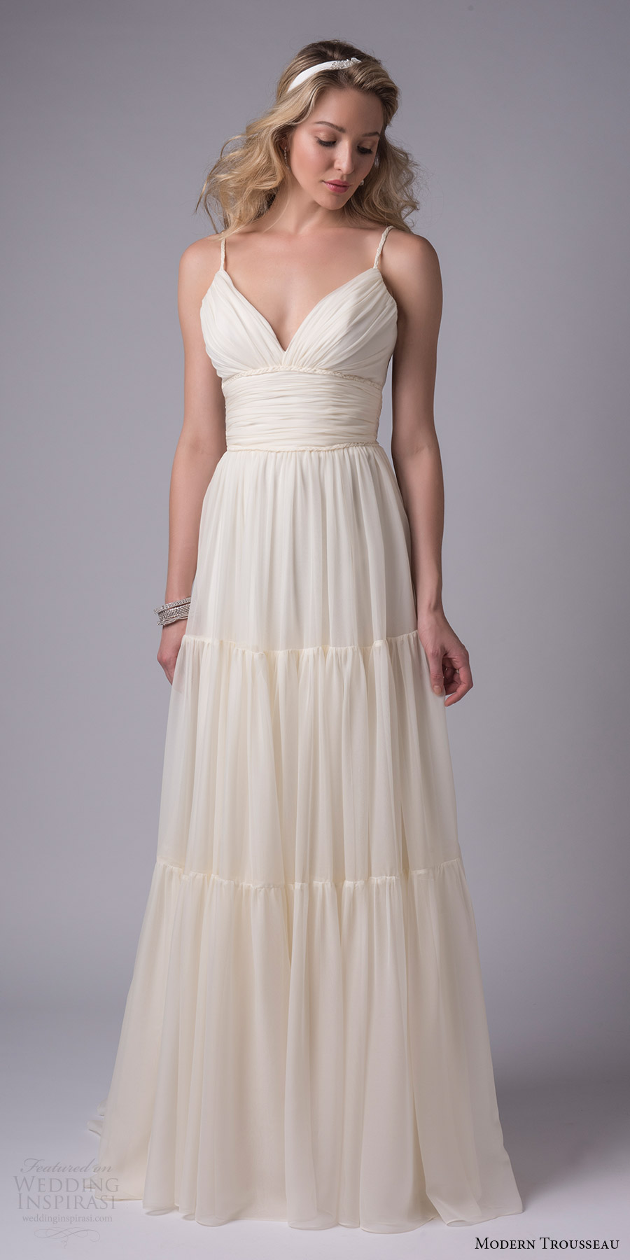 modern trousseau bridal fall 2017 sleeveless spaghetti straps sweetheart silk chiffon aline wedding dress (january) mv tiered skirt