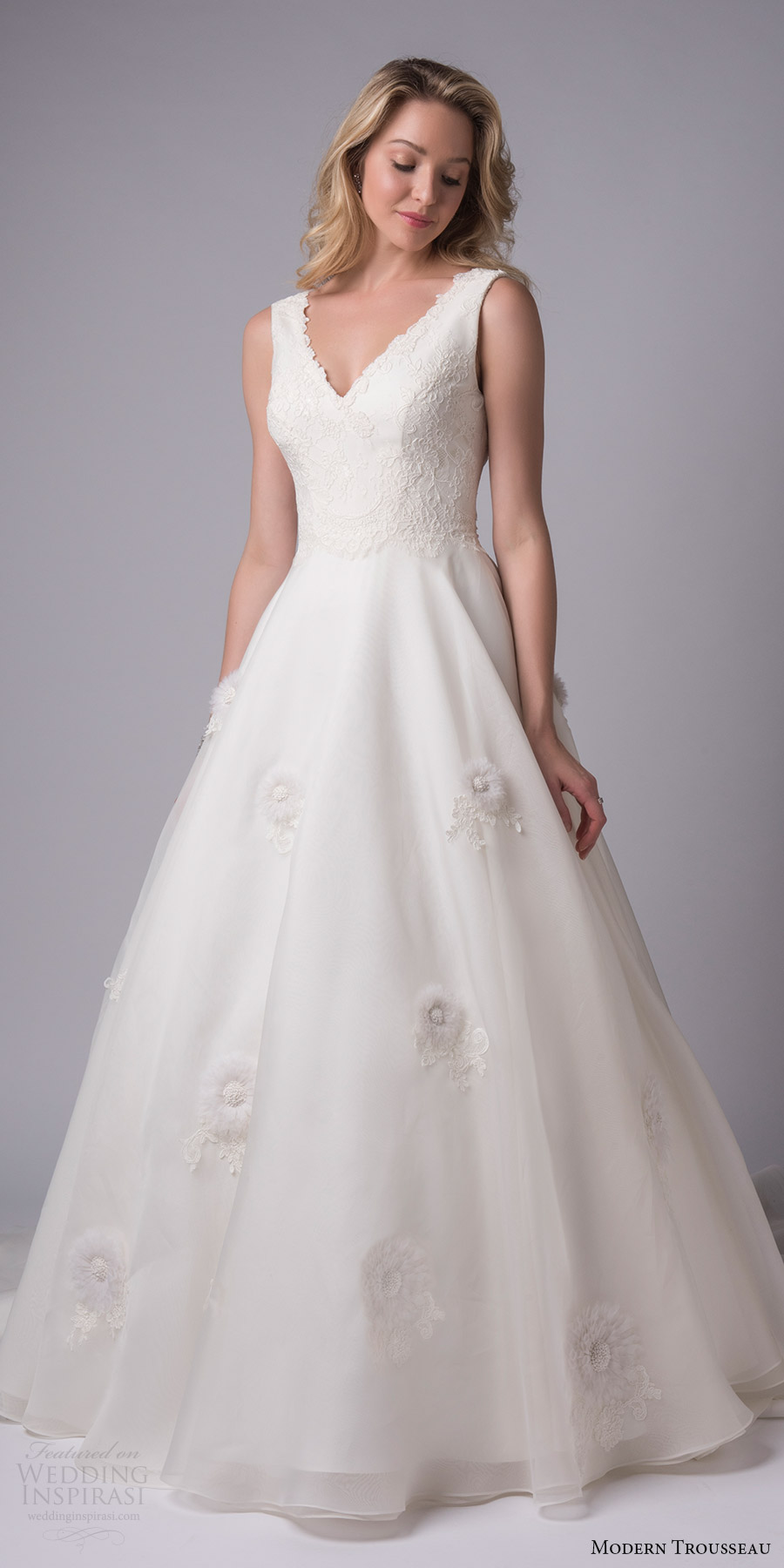 modern trousseau bridal fall 2017 sleeveless vneck lace bodice ball gown wedding dress (thea) mv handmade flower applique embellished skirt