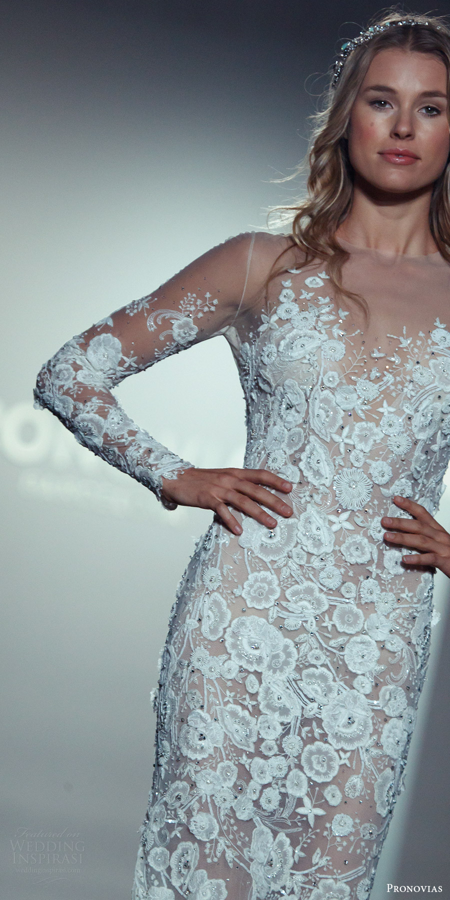 pronovias 2017 illusion long sleeves sweetheart sheer bodice sheath lace wedding dress (new york bridal fashion week look3) mv