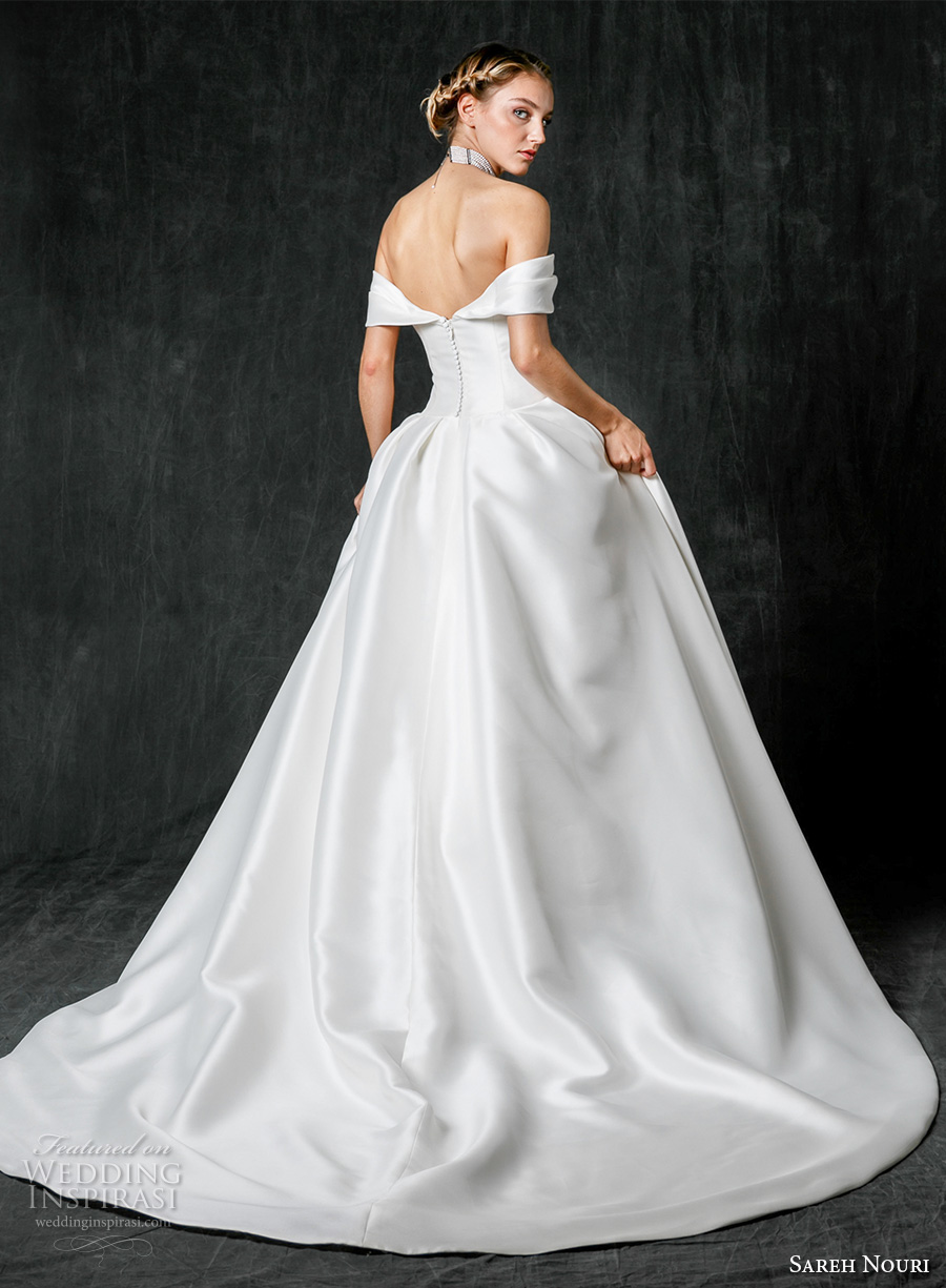 sareh nouri fall 2017 bridal off the shoulder straight across neckline clean simple classic ball gown a  line wedding dress chapel train (maddison) bv