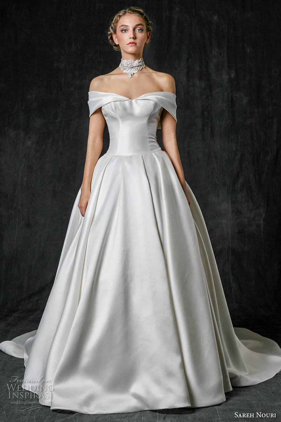 sareh nouri fall 2017 bridal off the shoulder straight across neckline clean simple classic ball gown a  line wedding dress chapel train (maddison) mv