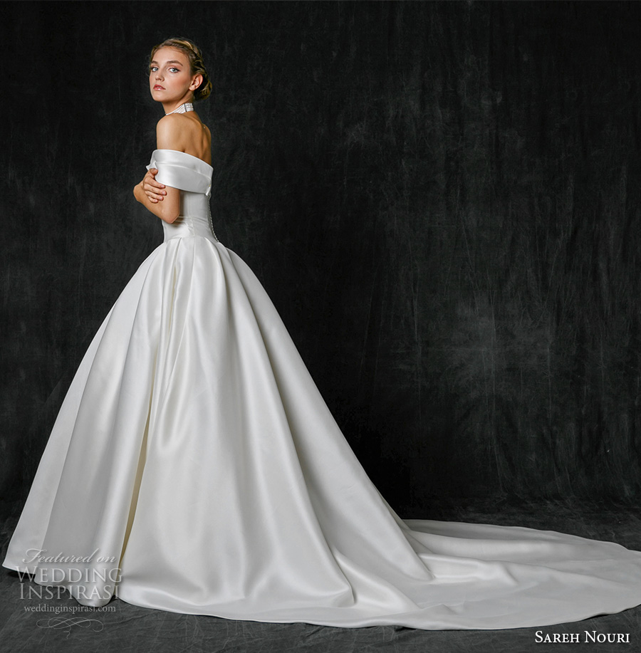 sareh nouri fall 2017 bridal off the shoulder straight across neckline clean simple classic ball gown a  line wedding dress chapel train (maddison) sdv