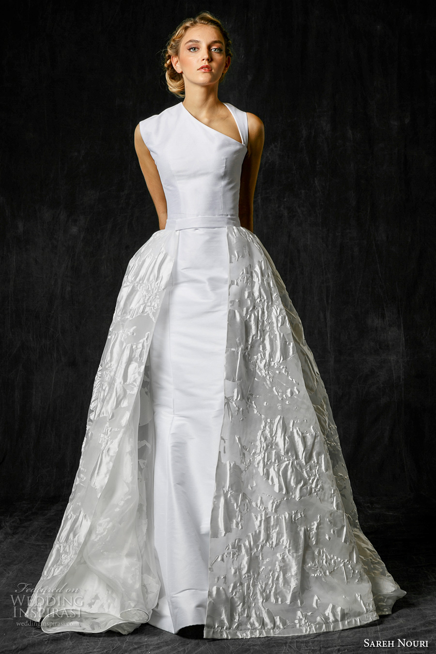 sareh nouri fall 2017 bridal sleeveless one shoulder strap clean simple elegant sheath wedding dress a  line overskirt medium train (hadley) mv