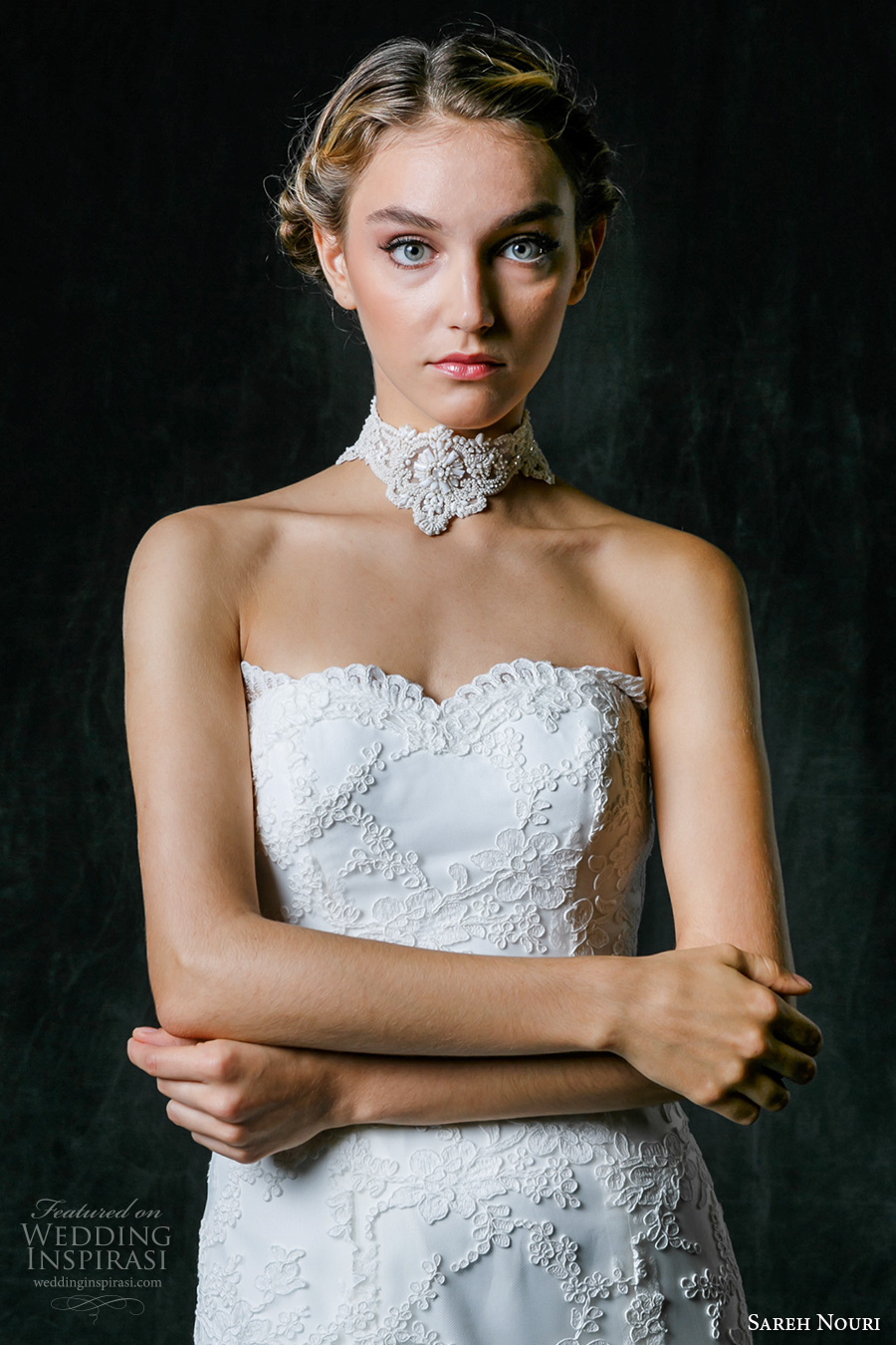sareh nouri fall 2017 bridal strapless scallop sweetheart neckline full embellishment neck choker lace elegant mermaid wedding dress medium lace train (ruth) zv