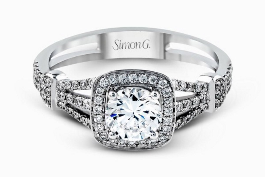 simon g gorgeous diamond engagement ring tr418 round cut cushion halo setting split shank pave