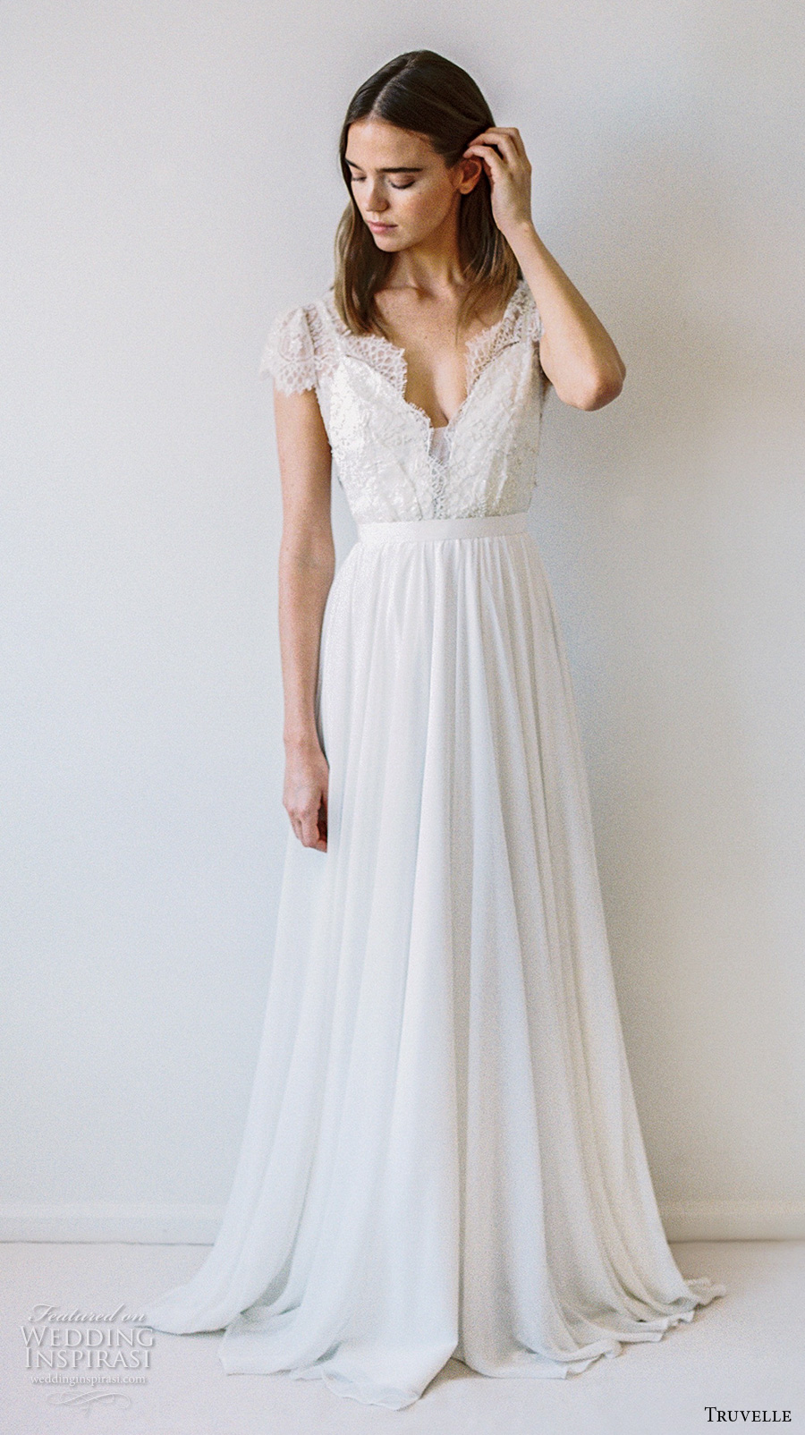 truvelle 2017 bridal cap sleeves deep plunging v neckline heavily embellished bodice romantic modified a line wedding dress open back sweep train (cambie) mv truvelle 2017 bridal cap sleeves deep plunging v neckline heavily embellished bodice romantic modified a line wedding dress open back sweep train (cambie) mv