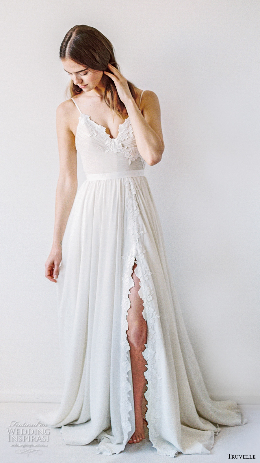 truvelle 2017 bridal sleeveless spagetti strap v neckline ruched bodice side split skirt modified a line wedding dress sweep train (cordova) mv truvelle 2017 bridal sleeveless spagetti strap v neckline ruched bodice side split skirt modified a line wedding dress sweep train (cordova) mv