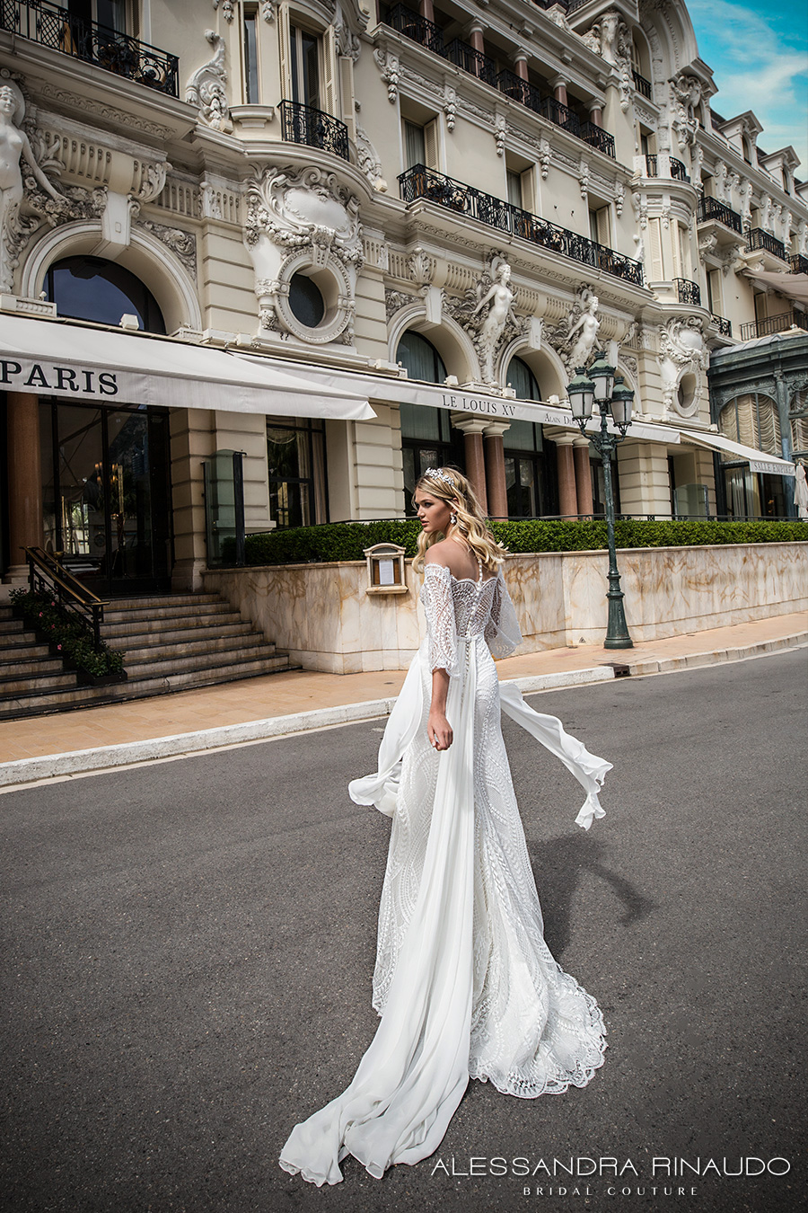 alessandra rinaudo 2017 bridal off the shoulder three quarter bell sleeves lace heavily embellished bodice sexy sheath wedding dress lace back sweep train (bria) bv