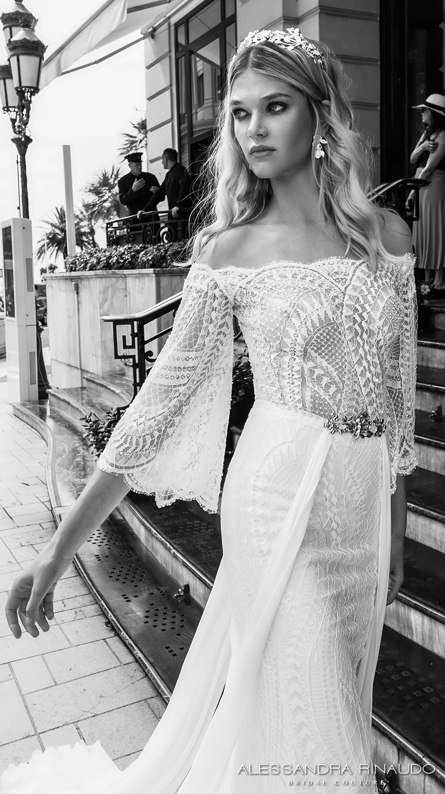alessandra rinaudo 2017 bridal off the shoulder three quarter bell sleeves lace heavily embellished bodice sexy sheath wedding dress lace back sweep train (bria) zv
