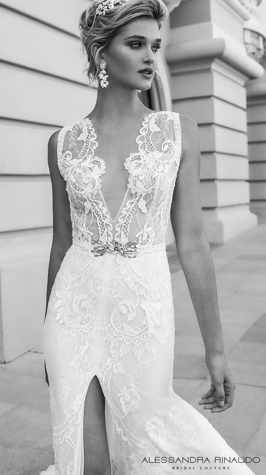 alessandra rinaudo 2017 bridal sleeveless illusion boat deep plunging neck line heavily embellished bodice slit down the middle a  line wedding dress lace back chapel train (brianna) zv