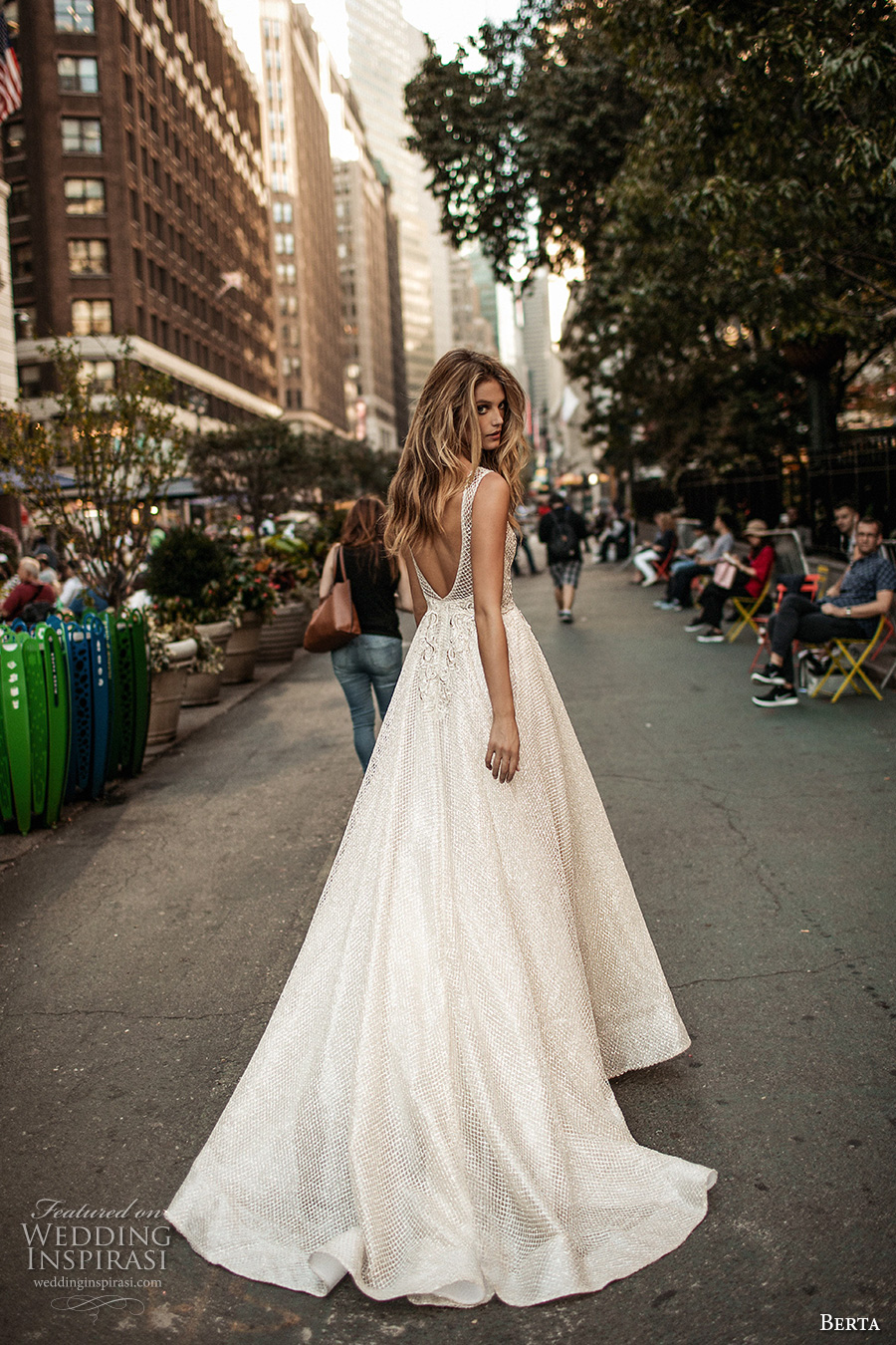 berta fall 2017 bridal sleeveless illusion bateau neckline deep plunging v neckline heavily embellished bodice romantic sexy a  line wedding dress low back chapel train (011) bv