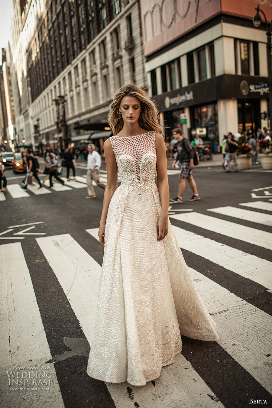 berta fall 2017 bridal sleeveless illusion bateau neckline deep plunging v neckline heavily embellished bodice romantic sexy a  line wedding dress low back chapel train (011) mv