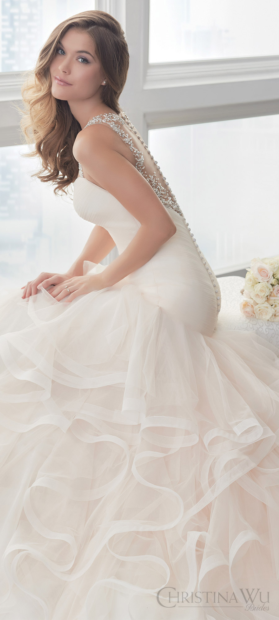 christina wu brides spring 2017 bridal sleeveless beaded straps sweetheart ruffle skirt mermaid wedding dress (15631) mv blush color 