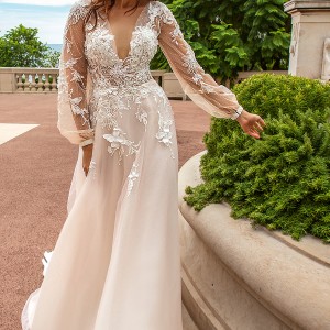 crystal design 2017 bridal long sleeves cuff bishop deep v neck heavily embellished bodice romantic a  line wedding dress sheer back chapel train (alison) mv