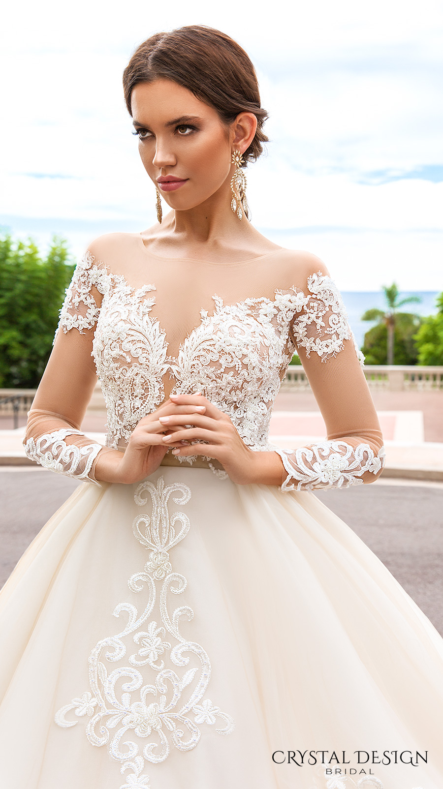 crystal design 2017 bridal long sleeves off the shoulder deep sweetheart neckline heavily embellished bodice elegant princess a  line wedding dress keyhole back royal train (ellery) zv