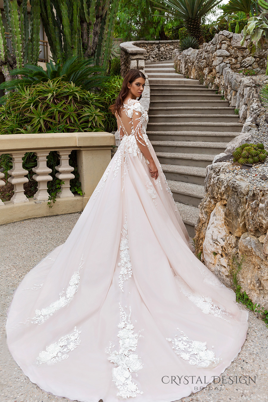 crystal design 2017 bridal long sleeves v neck heavily embellished lace embroidered romantic princess blush color a  line wedding dress sheer back long monarch train (aniya) bv