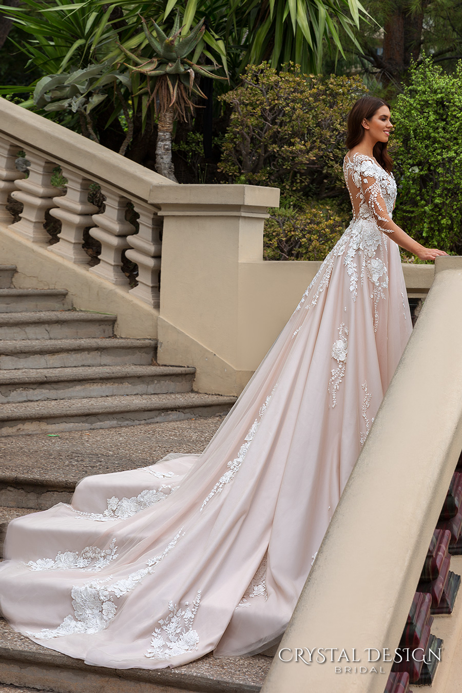 crystal design 2017 bridal long sleeves v neck heavily embellished lace embroidered romantic princess blush color a  line wedding dress sheer back long monarch train (aniya) sdv 