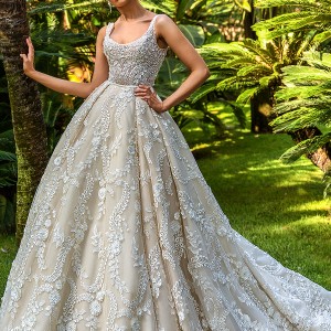 crystal design 2017 bridal sleeveless with strap scoop neckline full embellishment romantic princess ivory color ball gown a  line wedding dress royal train (etolie) mv
