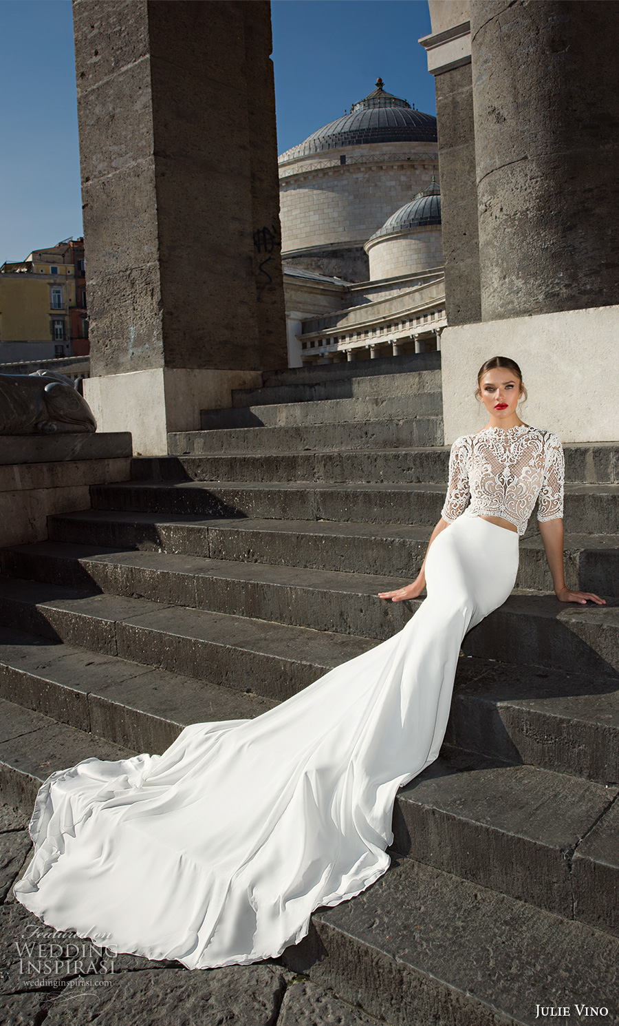 julie vino fall 2017 bridal half sleeves high neck heavily embellished bodice crop top elegant sophiscated sheath wedding dress v back chapel train (1202) mv julie vino fall 2017 bridal half sleeves high neck heavily embellished bodice crop top elegant sophiscated sheath wedding dress v back chapel train (1202) mv