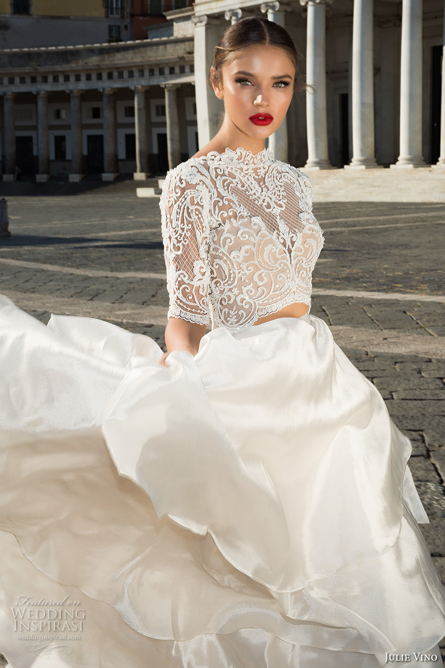 julie vino fall 2017 bridal half sleeves high neck heavily embellished bodice lace crop top princess sophiscated tiered skirt ball gown wedding dress low back chapel train (1217 1202) zv