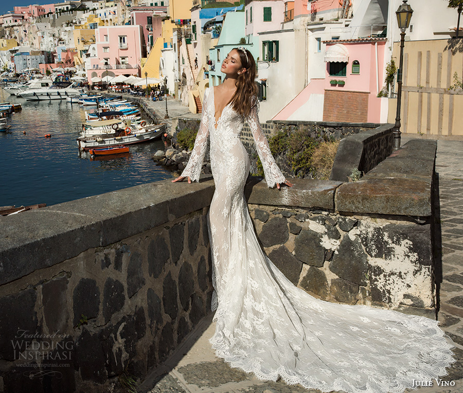 julie vino fall 2017 bridal long sleeves deep plunging v neck full embellishment gorgeous sexy elegant sheath wedding dress low back chapel train (1206) mv 