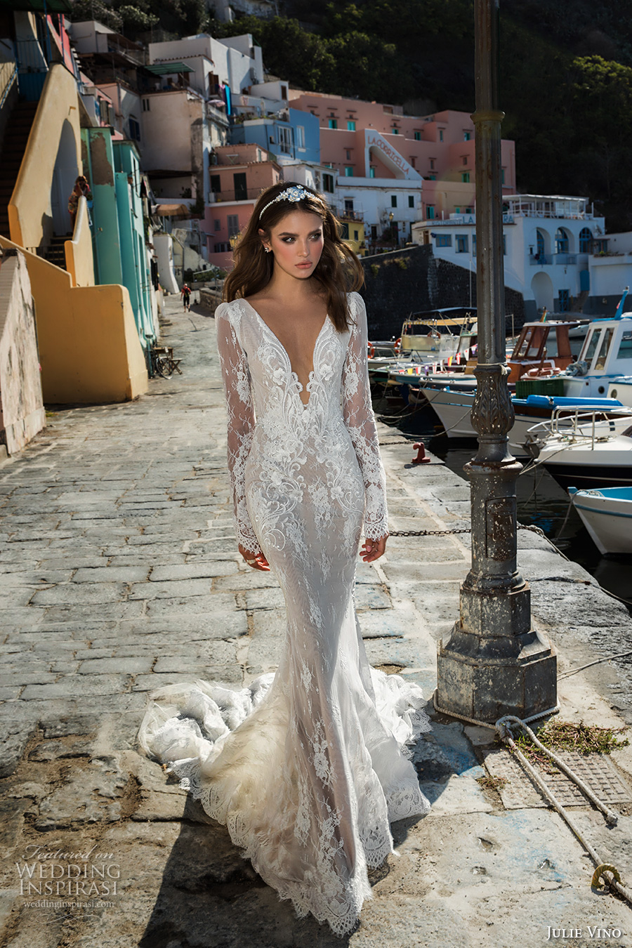 julie vino fall 2017 bridal long sleeves deep plunging v neck full embellishment gorgeous sexy elegant sheath wedding dress low back chapel train (1206) mv