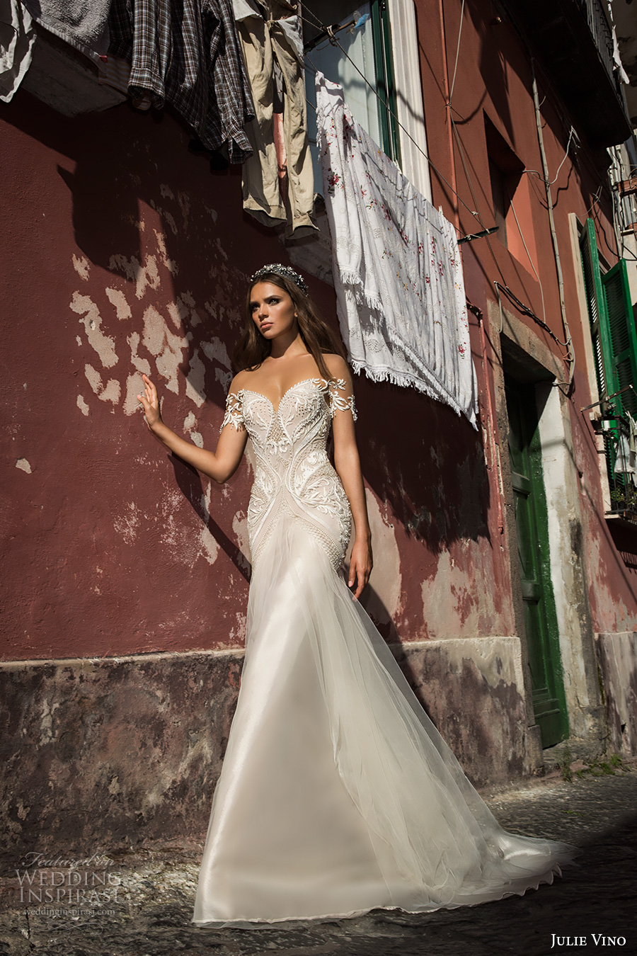 julie vino fall 2017 bridal off the shoulders sweetheart neckline heavily embellished bodice elegant romantic sheath wedding dress low back chapel train (1213) mv julie vino fall 2017 bridal off the shoulders sweetheart neckline heavily embellished bodice elegant romantic sheath wedding dress low back chapel train (1213) mv