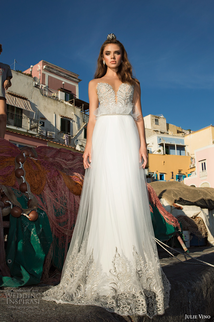 julie vino fall 2017 bridal strapless deep plunging sweetheart neckline heavily embellished bodice elegant a line wedding dress halter back chapel train (1215b) mv julie vino fall 2017 bridal strapless deep plunging sweetheart neckline heavily embellished bodice elegant a line wedding dress halter back chapel train (1215b) mv