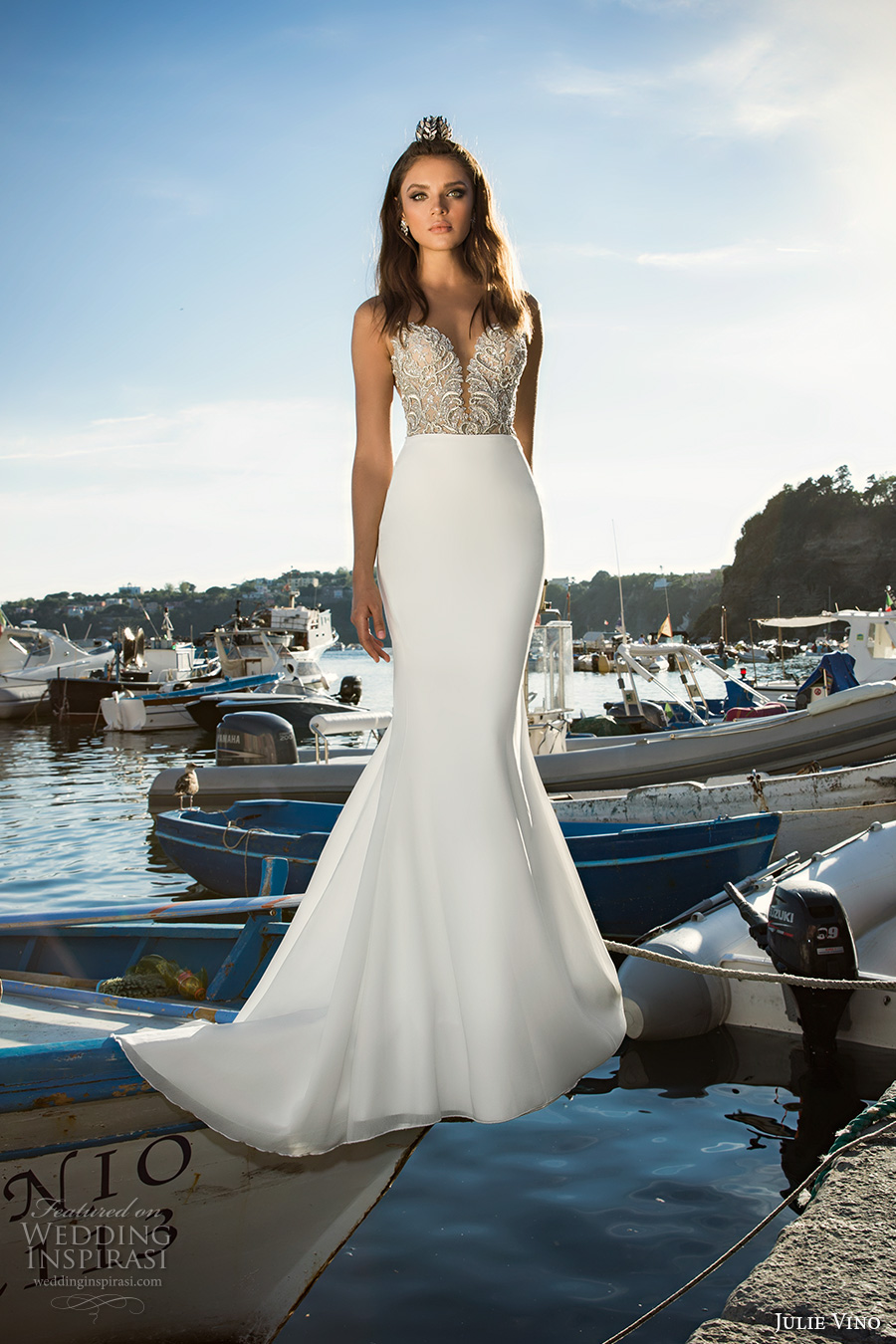 julie vino fall 2017 bridal strapless deep plunging sweetheart neckline heavily embellished bodice elegant trumpet wedding dress halter back chapel train (1215a) mv julie vino fall 2017 bridal strapless deep plunging sweetheart neckline heavily embellished bodice elegant trumpet wedding dress halter back chapel train (1215a) mv