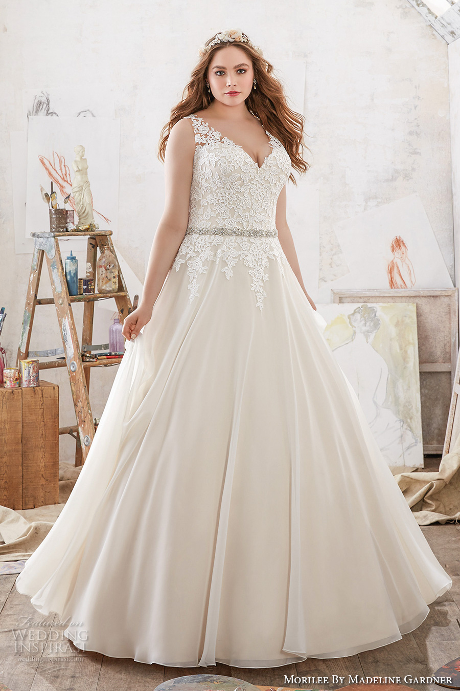 morilee julietta spring 2017 bridal sleeveless lace strap v neck heavily embellished bodice romantic princess plus size a  line wedding dress v back chapel train (3214) mv