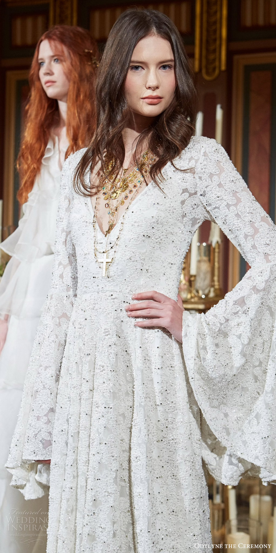 odylyne the ceremony fall 2017 bridal flare long sleeve v neckline a line fully embellished wedding dress (look 3) zm odylyne the ceremony fall 2017 bridal flare long sleeve v neckline a line fully embellished wedding dress (look 3) zm