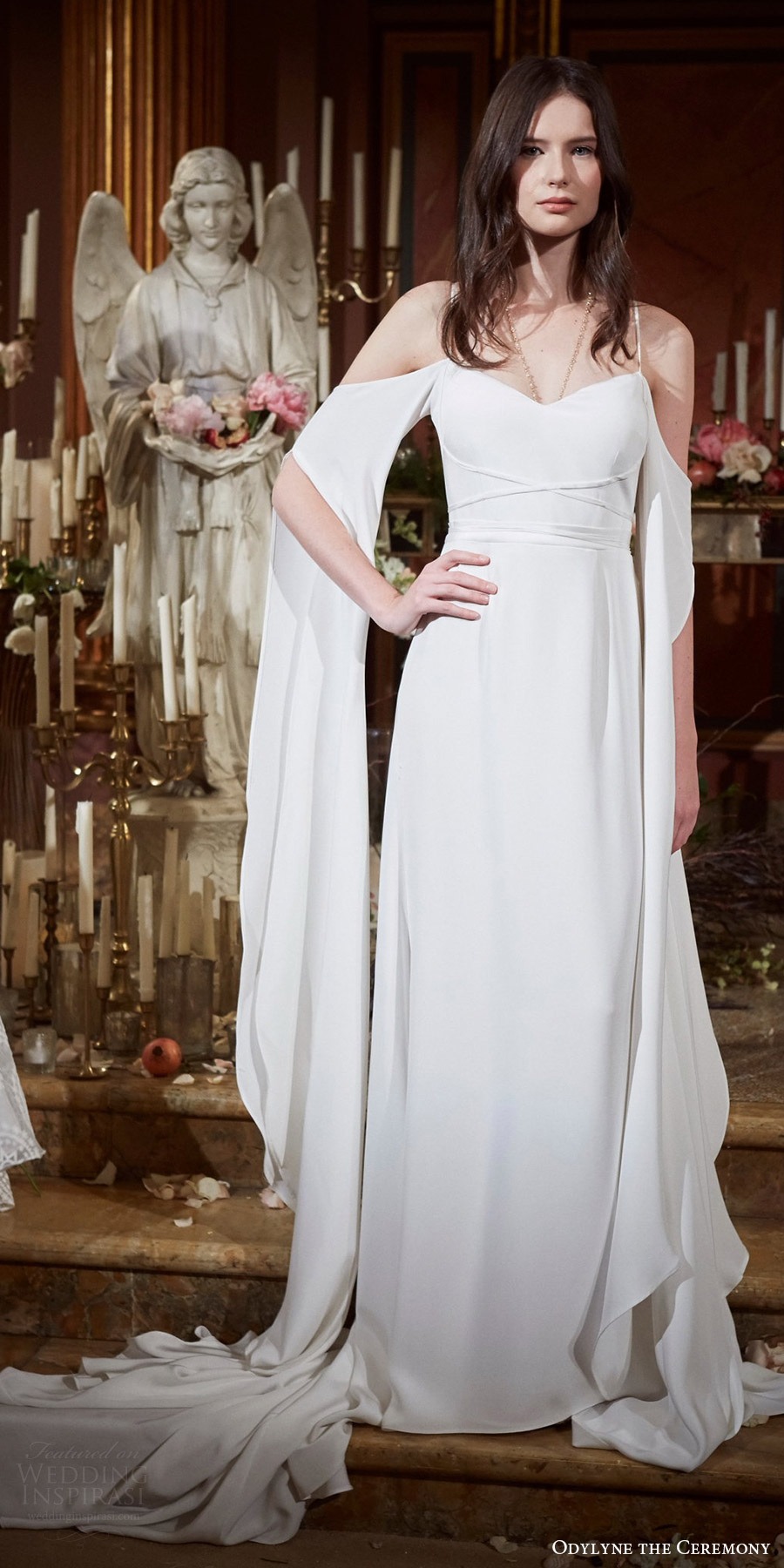 odylyne the ceremony fall 2017 bridal flare long split sleeve cold shoulder v neckline spaghetti straps a line wedding dress (look 13) mv train odylyne the ceremony fall 2017 bridal flare long split sleeve cold shoulder v neckline spaghetti straps a line wedding dress (look 13) mv train
