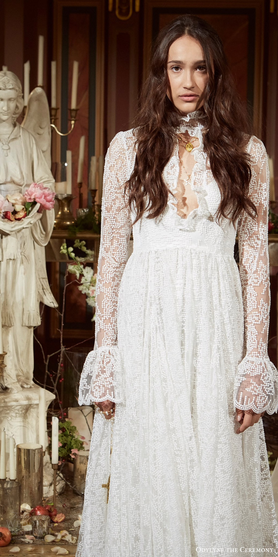 odylyne the ceremony fall 2017 bridal illusion long bell sleeves high neck lace a line wedding dress (look 6) mv odylyne the ceremony fall 2017 bridal illusion long bell sleeves high neck lace a line wedding dress (look 6) mv