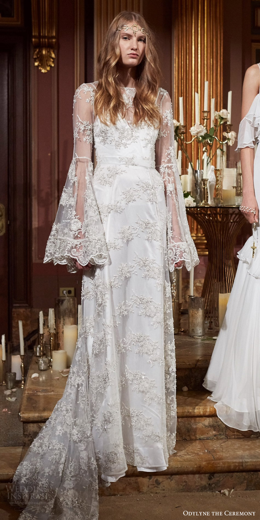 odylyne the ceremony fall 2017 bridal illusion long flare sleeves illusion jewel neck sweetheart lace a line wedding dress (look 14) mv train odylyne the ceremony fall 2017 bridal illusion long flare sleeves illusion jewel neck sweetheart lace a line wedding dress (look 14) mv train