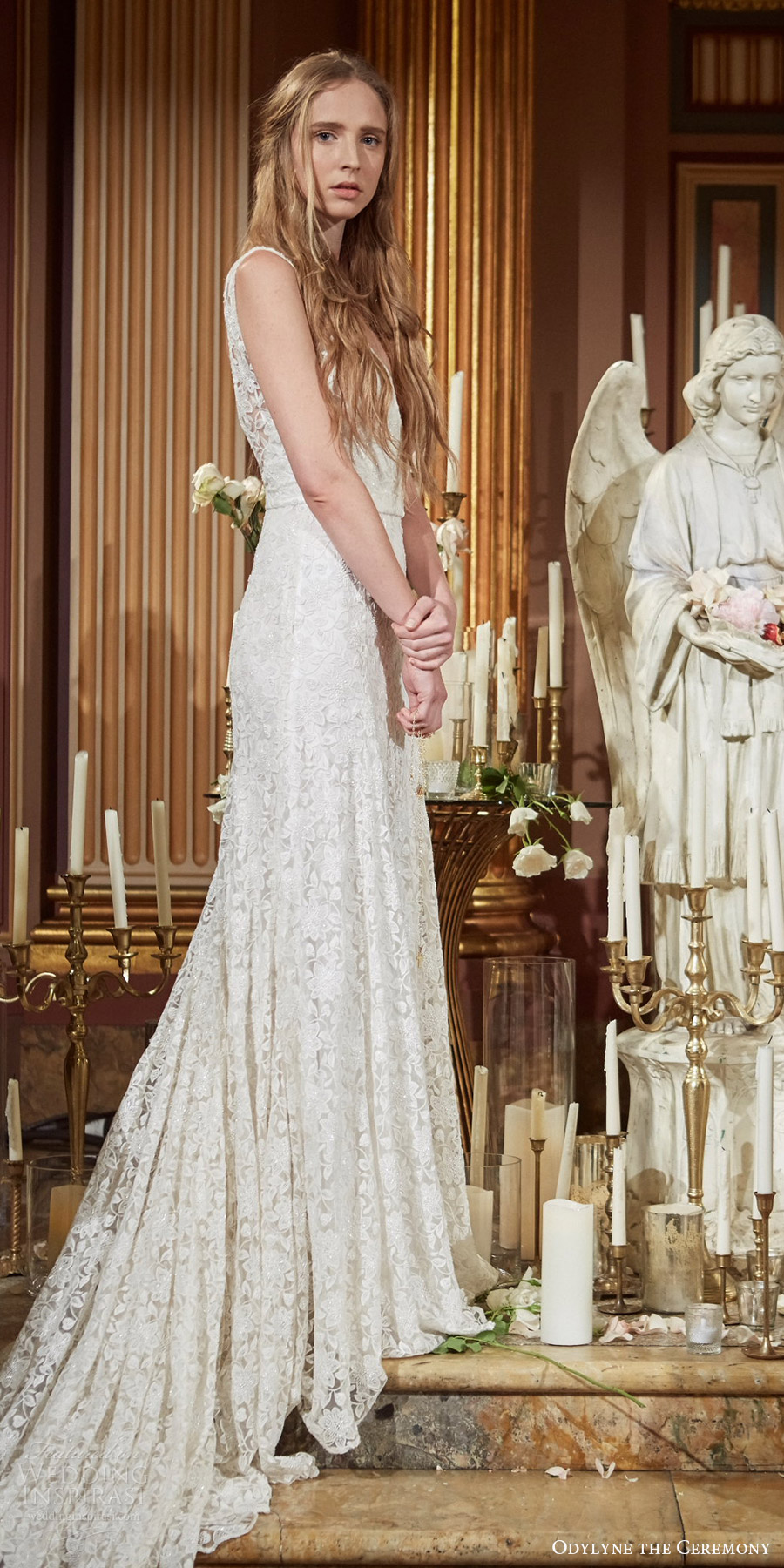odylyne the ceremony fall 2017 bridal sleeveless v neck straps a line lace wedding dress (look 9) sv train odylyne the ceremony fall 2017 bridal sleeveless v neck straps a line lace wedding dress (look 9) sv train