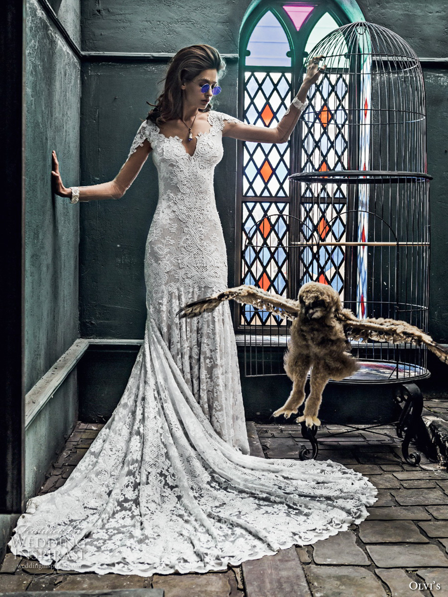 olvis 2017 couture bridal cap sleeves sweetheart neckline full embellishment lace elegant sheath wedding dress low back chapel train (2294) mv